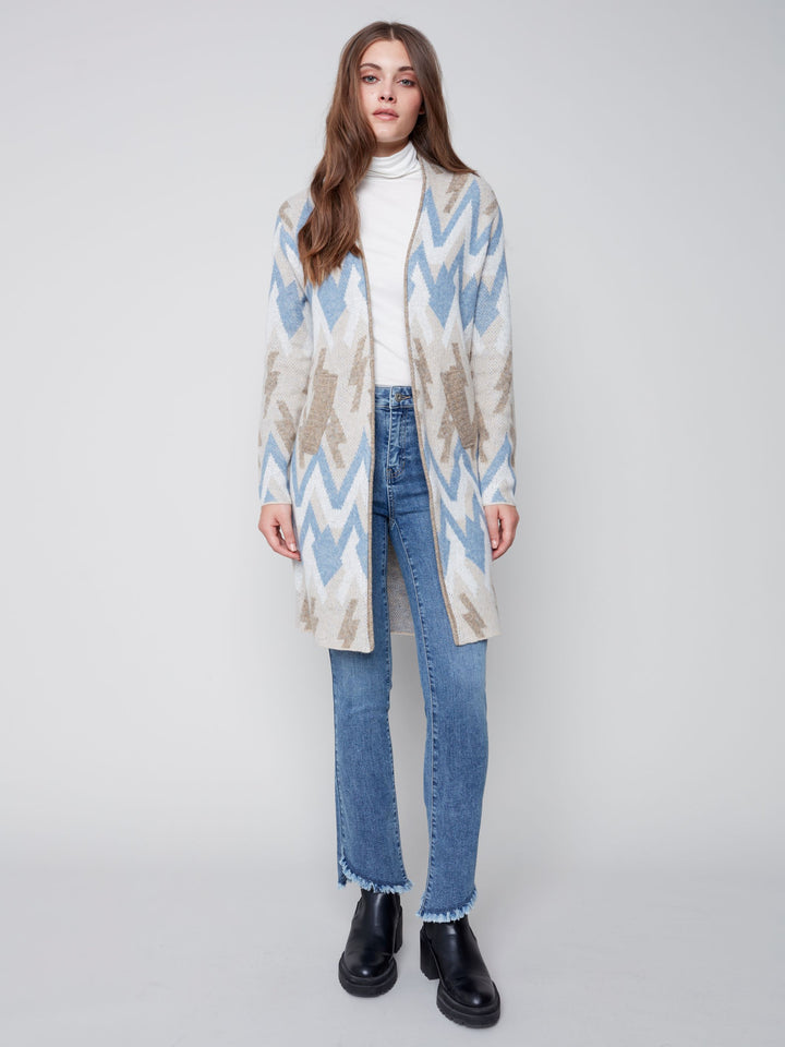 Charlie B Long Cardigan With Geometric Jacquard Pattern & Pockets