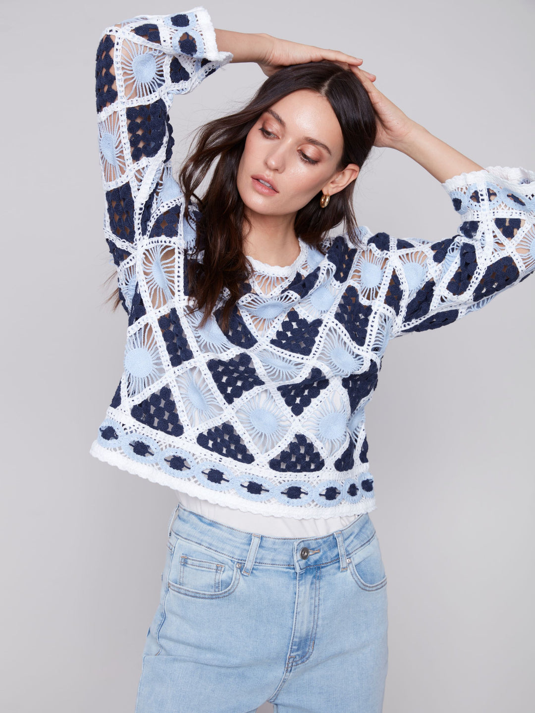 Charlie B Crochet Long Sleeve Boat Neck Top