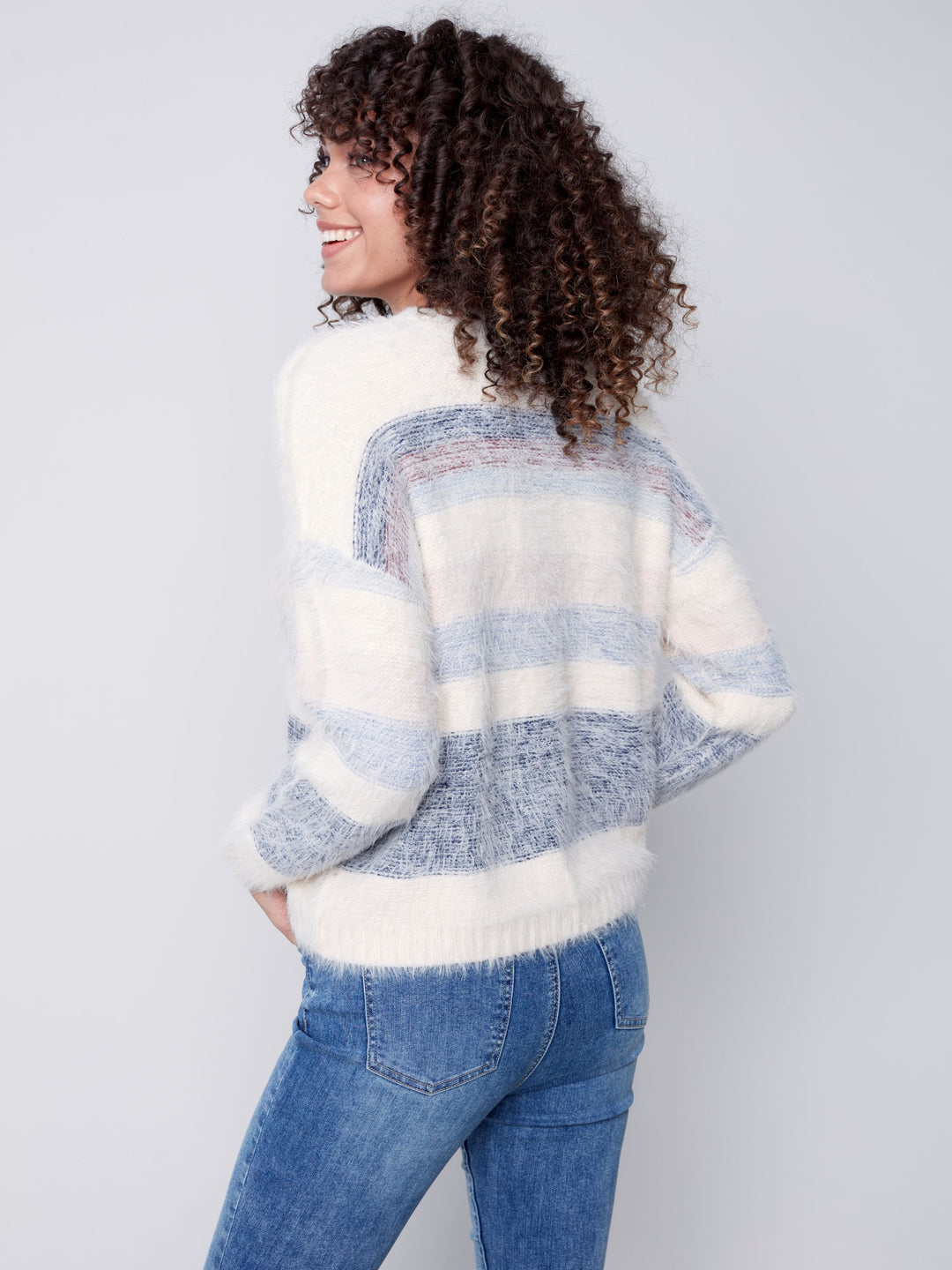 Charlie B Crew-Neck Drop Shoulder Fuzzy Stripe Sweater
