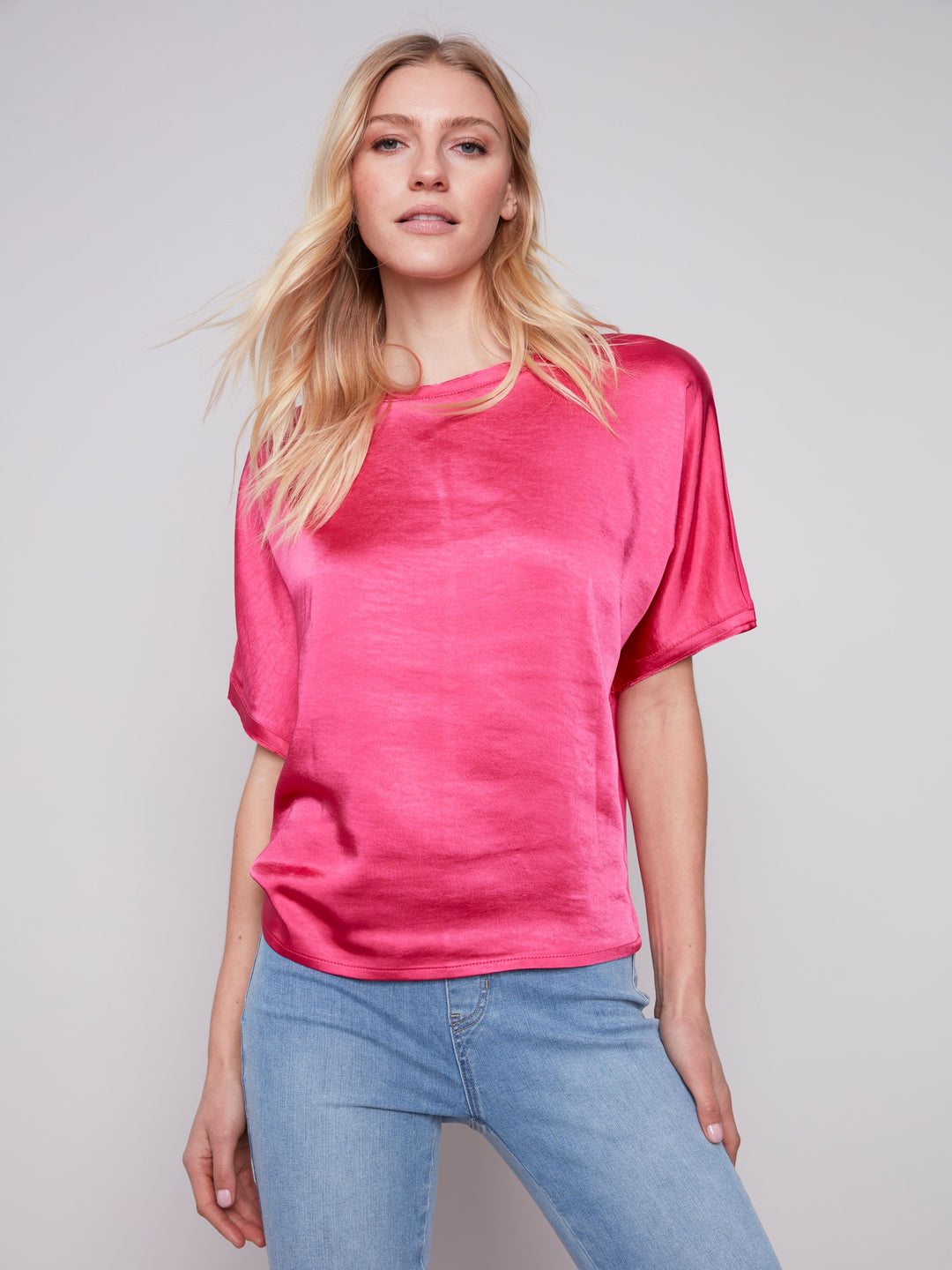 Charlie B Short Sleeves Crew Neck Satin Jersey Knit