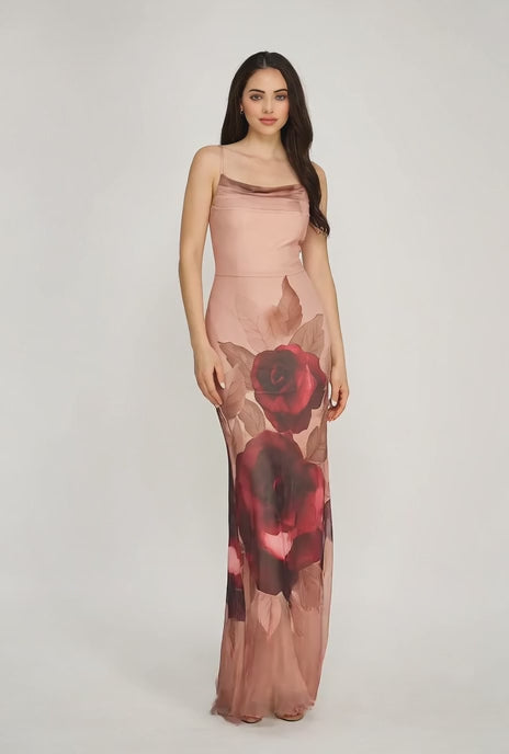 oversized flower dress Spring Haze Big Print Mesh Maxi Mocha Combo / S Mother Of The Groom LDJ’s very first model embroidery_cutdana Color:Pale Copper / Beige