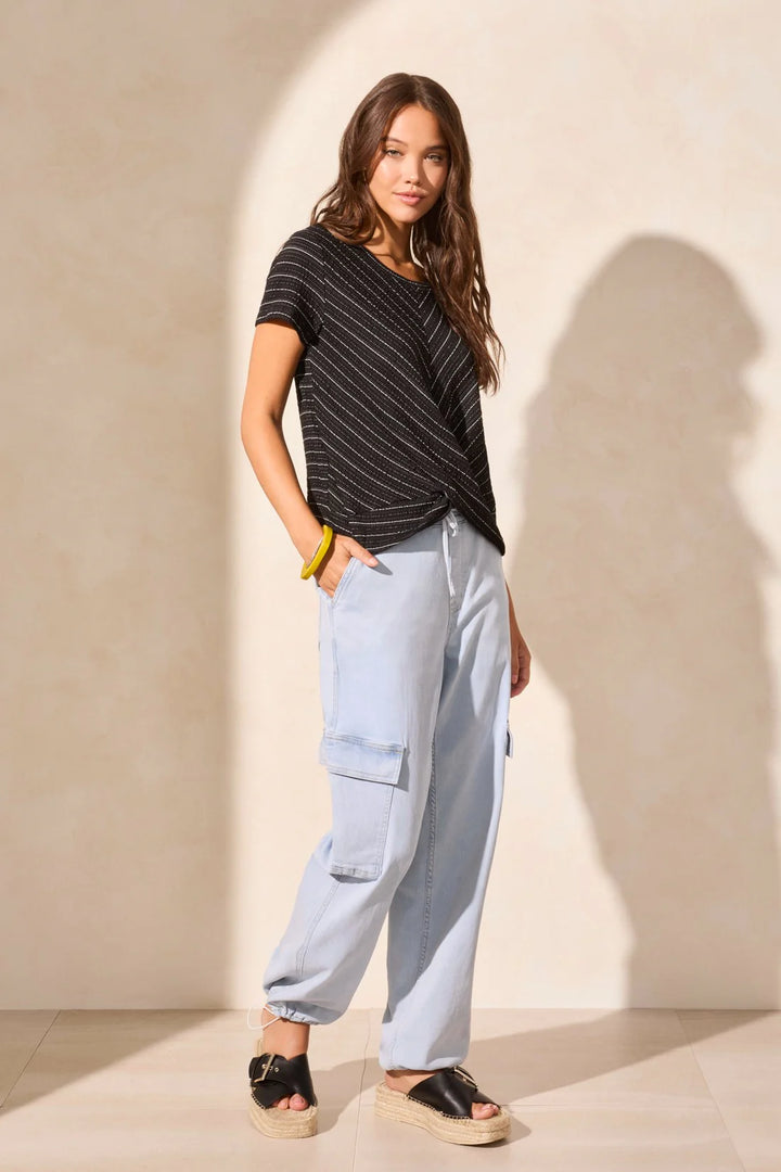 Tribal Short Sleeve Crew Neck Top with Twist Knot