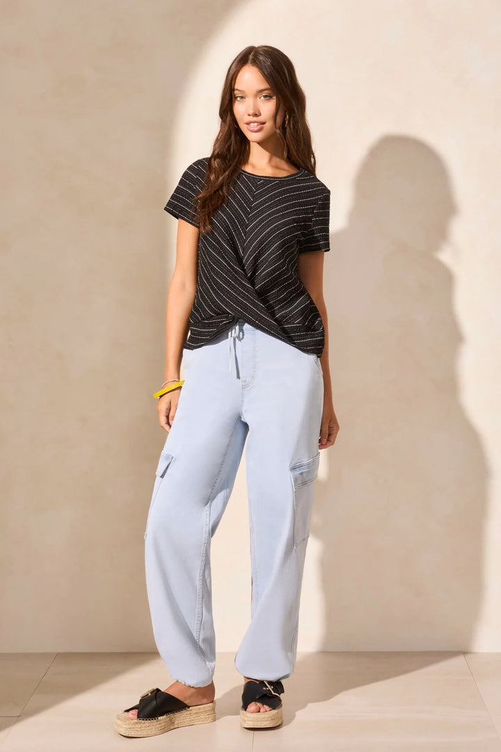 Tribal Short Sleeve Crew Neck Top with Twist Knot