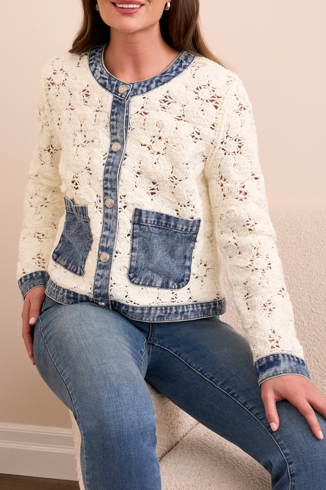 Tribal Mix Media Crochet Jacket with Denim