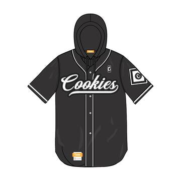 Cookies Pack Talk Button Front Wool Baseball Jersey W/ Fleece Hood & Cookies Embroidered Appliqué Chest Logo