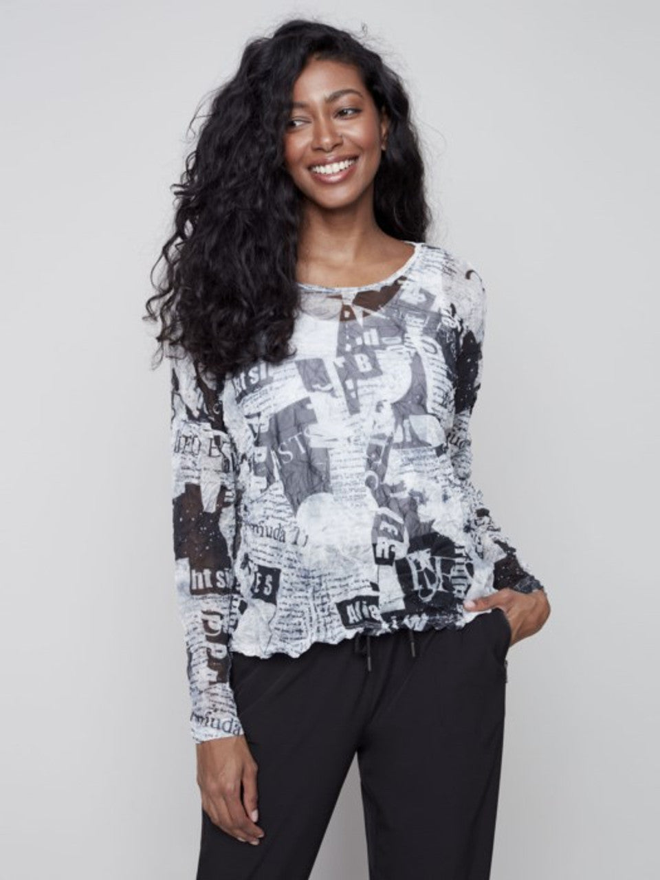 Charlie B 3/4 Sleeves Round Neck Printed Crinkle Mesh Top