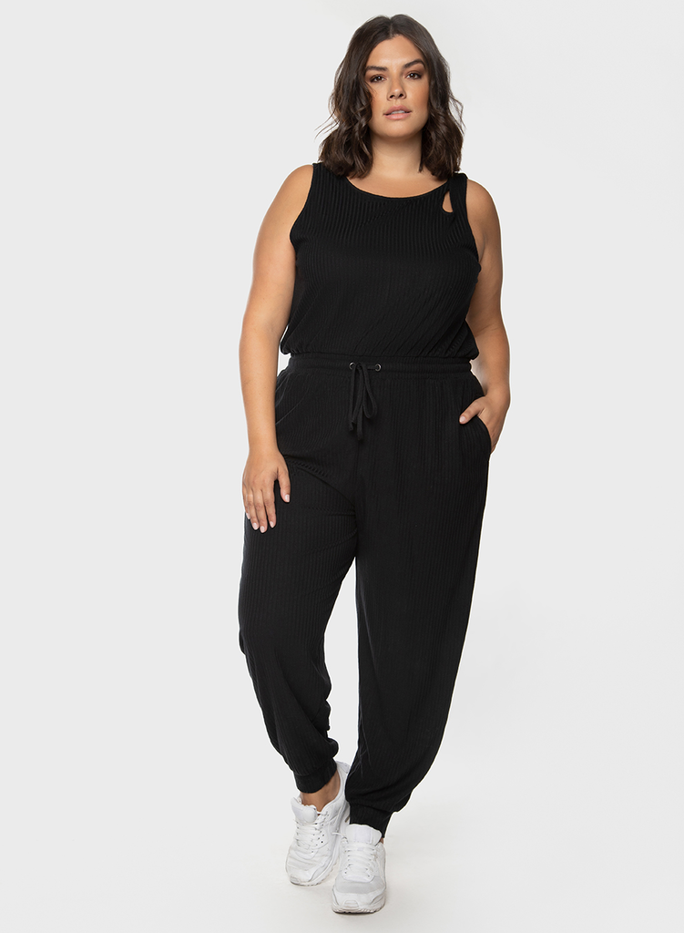 Dex Plus Shoulder Cut Out Ribbed Jumpsuit