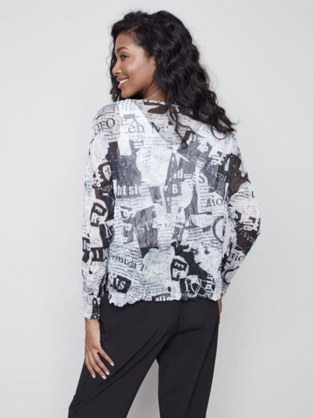 Charlie B 3/4 Sleeves Round Neck Printed Crinkle Mesh Top