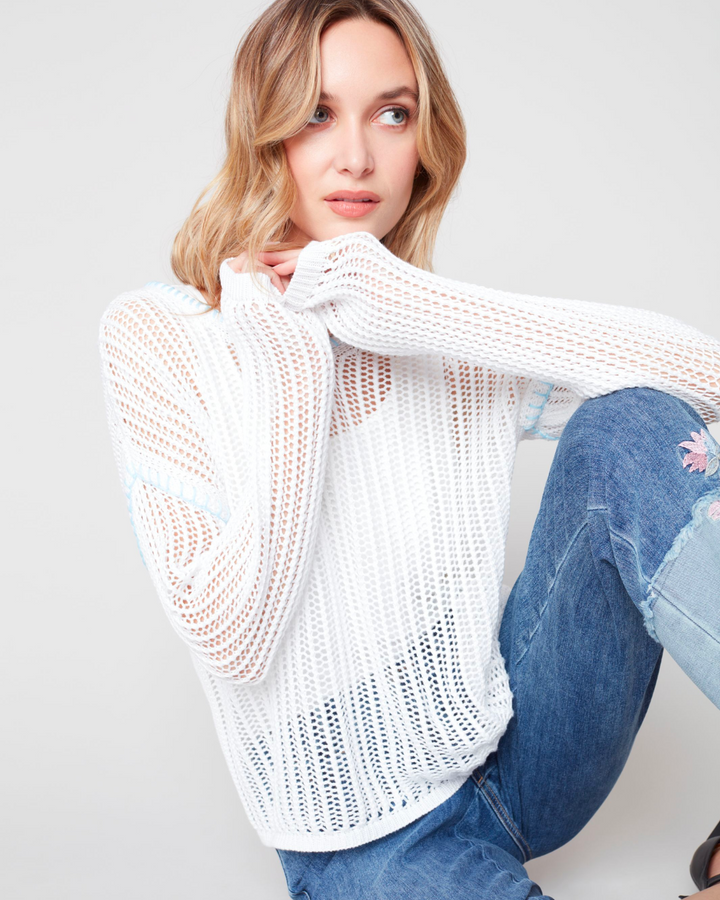 Charlie B Long Sleeves V Neck Solid Fishnet Sweater