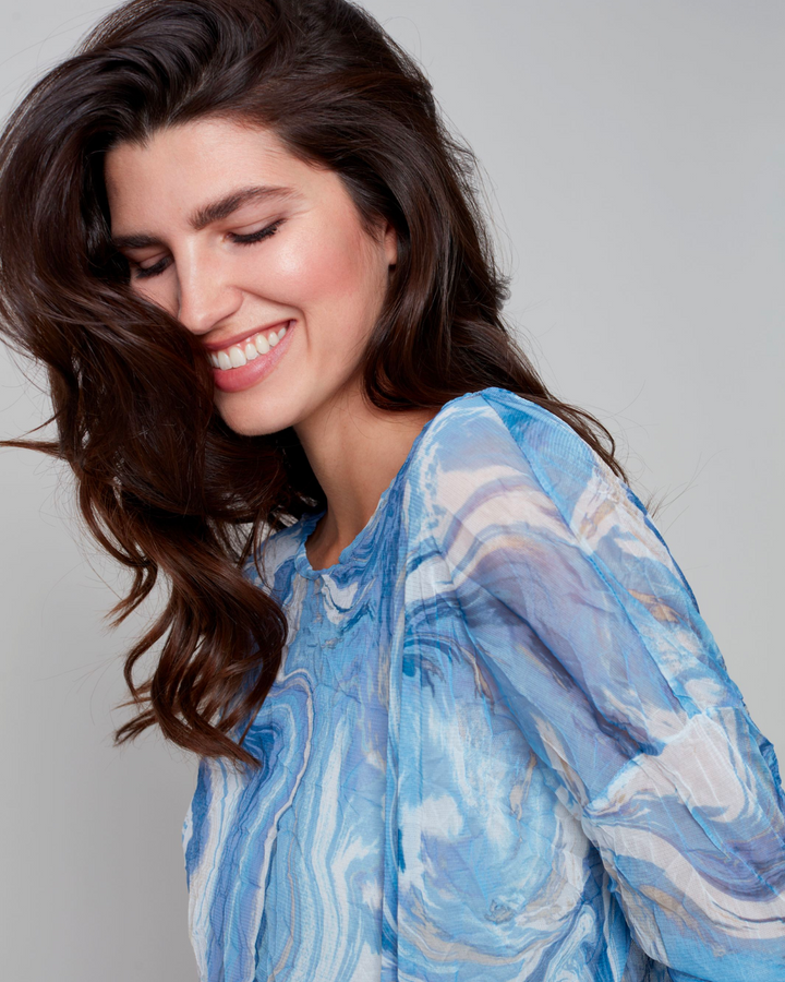 Charlie B 3/4 Sleeves Round Neck Printed Crinkle Mesh Top