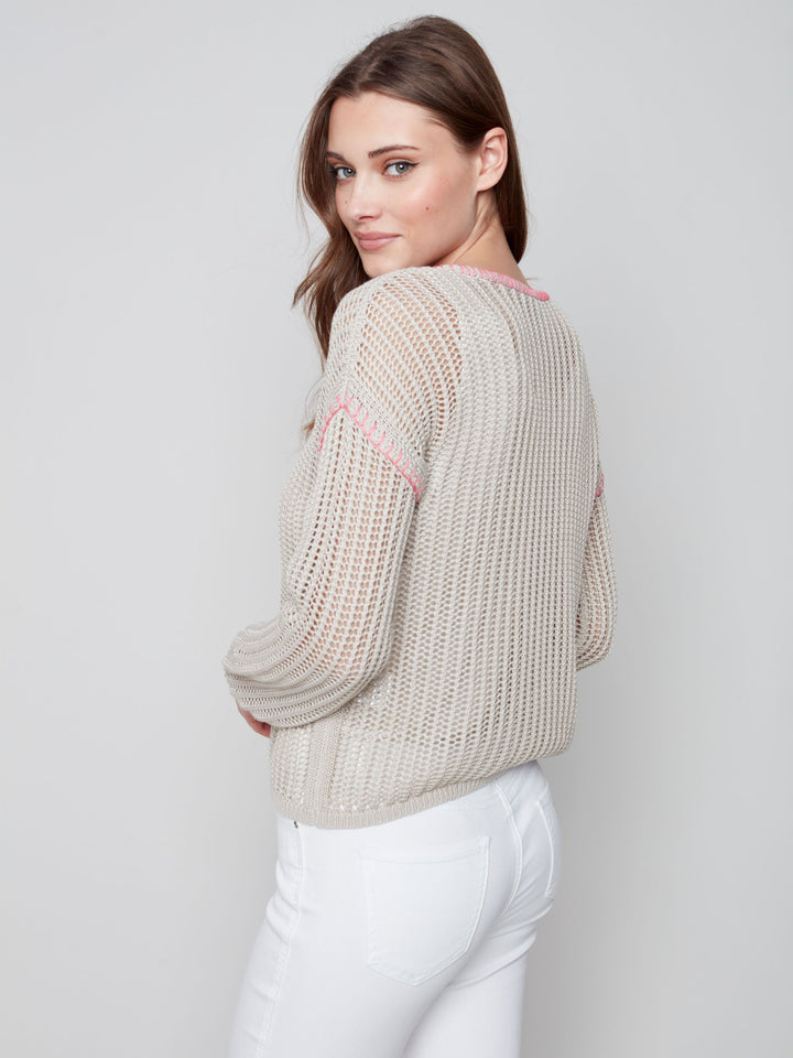 Charlie B Long Sleeves V Neck Solid Fishnet Sweater