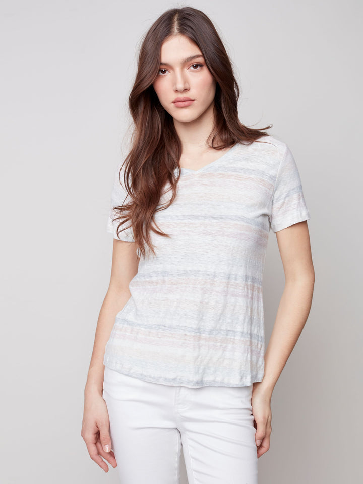 Charlie B Tie Dye Short Sleeves V Neck Twist Hem T Shirt