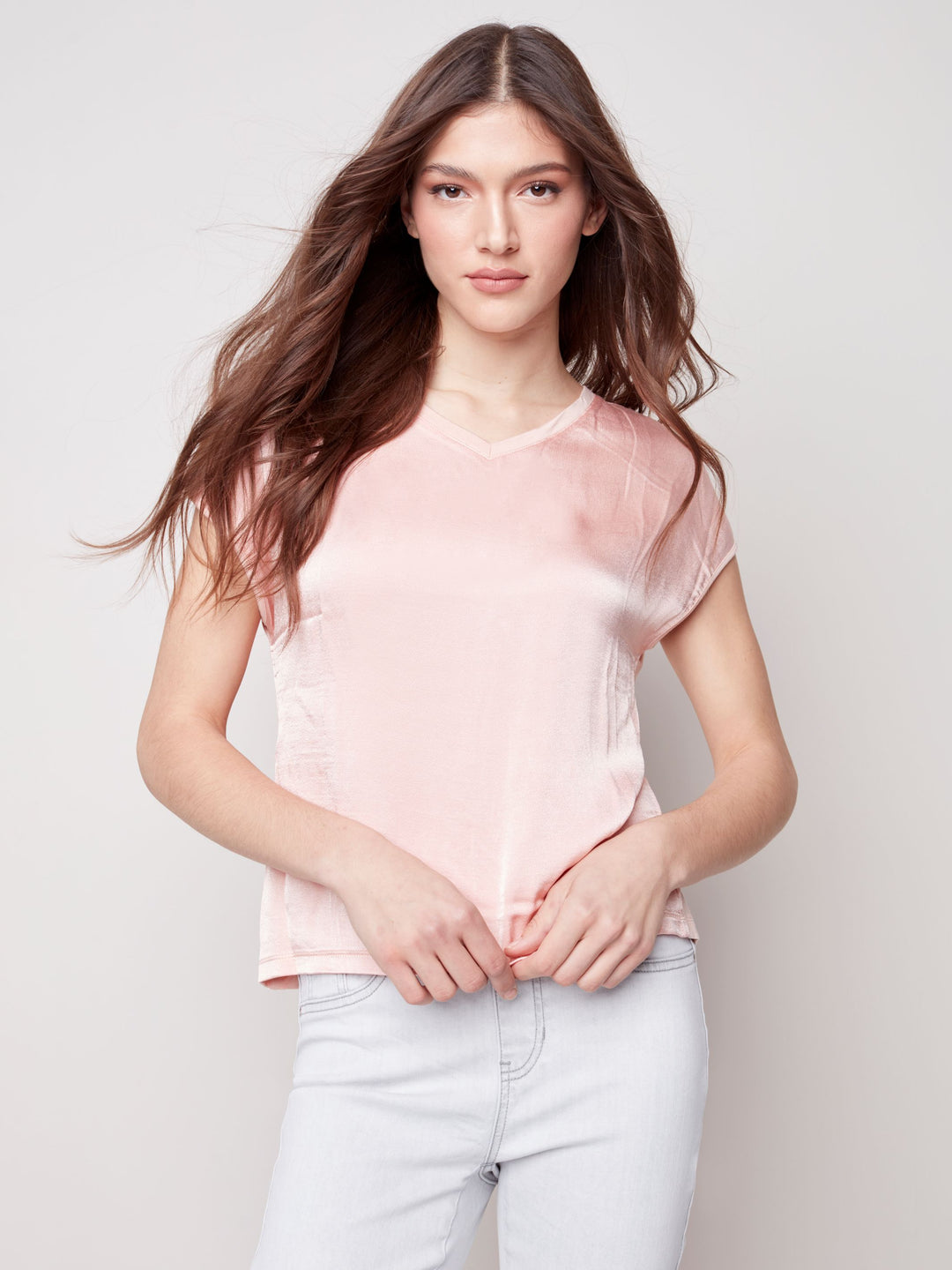 Charlie B Satin V Neck Knit Top