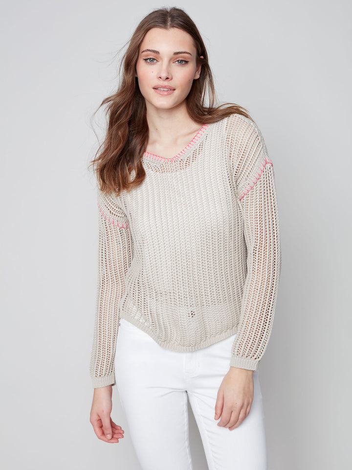 Charlie B Long Sleeves V Neck Solid Fishnet Sweater