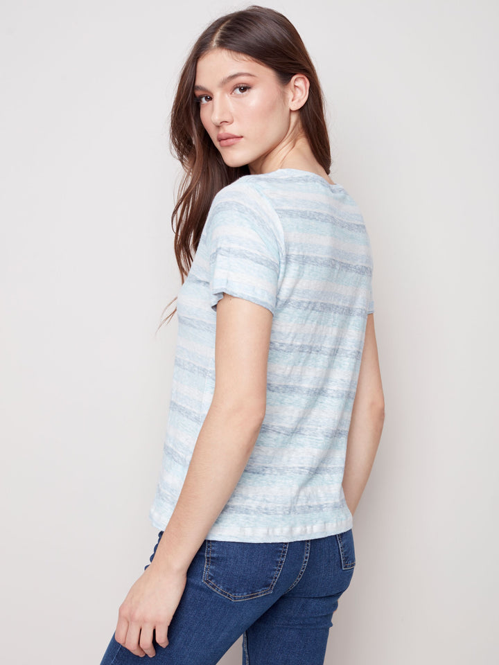 Charlie B Tie Dye Short Sleeves V Neck Twist Hem T Shirt