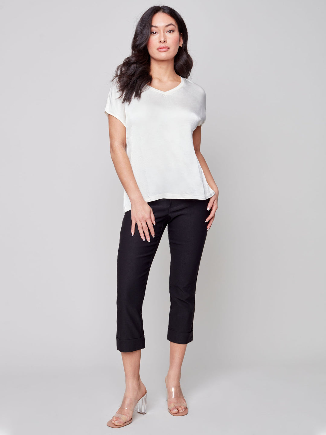 Charlie B Satin V Neck Knit Top