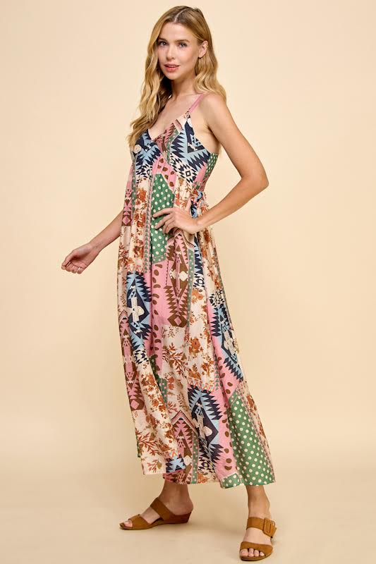 Millibon Mixed Boho Print Strappy Midi Dress
