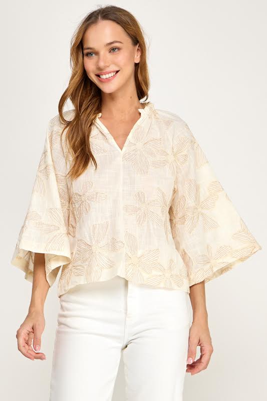 Millibon Floral Embroidered 3/4 Sleeve Top
