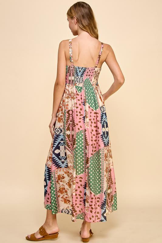 Millibon Mixed Boho Print Strappy Midi Dress