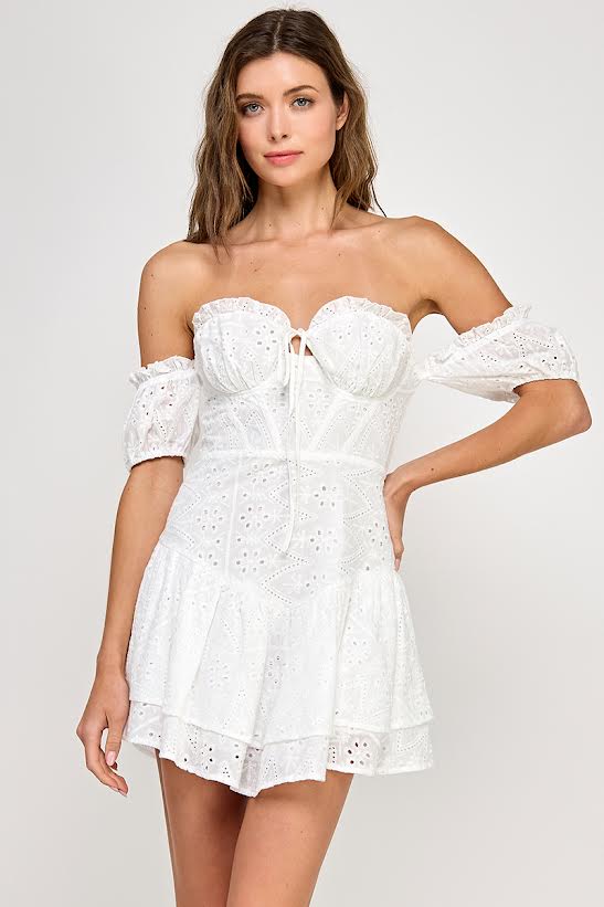 Spring Haze Eyelet Drape Sleeve Mini Dress