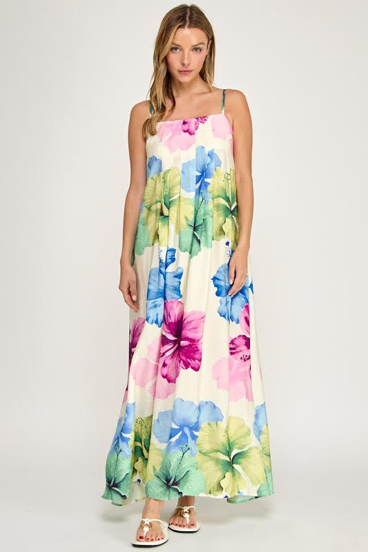 Millibon Big Floral Pleats Maxi Dress