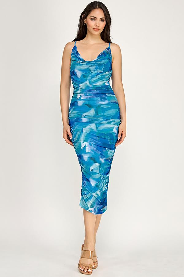 Spring Haze Printed Cowl Neck Mid Dress