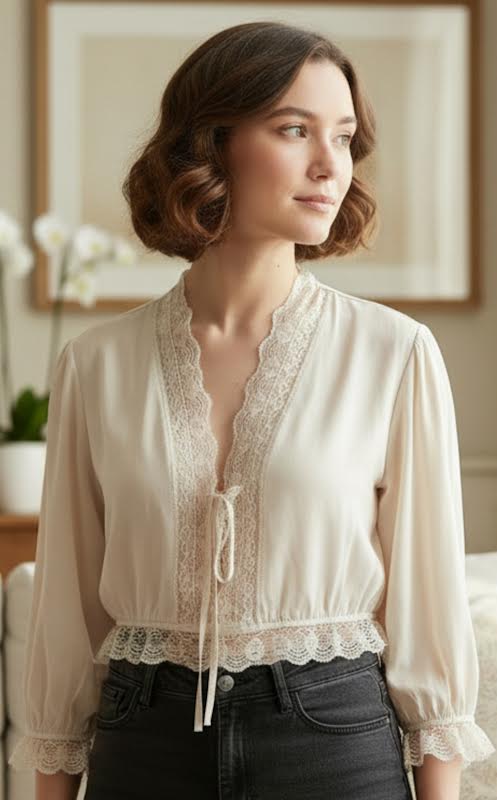 Millibon Silky Lace Detail Front Tie Blouse