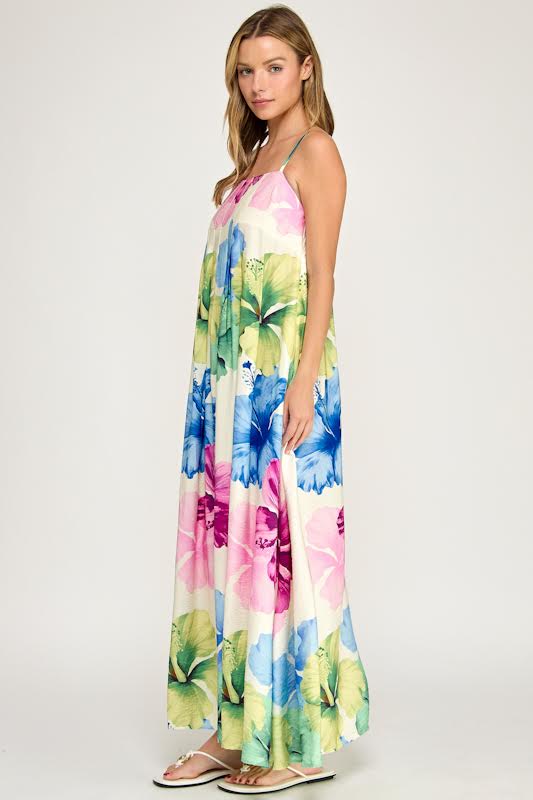 Millibon Big Floral Pleats Maxi Dress
