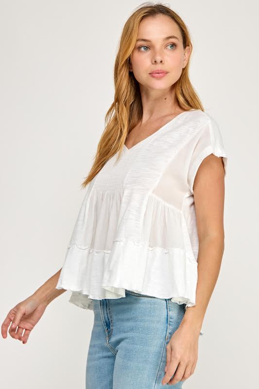 Millibon Smocked Detailed V Neck Swing Top