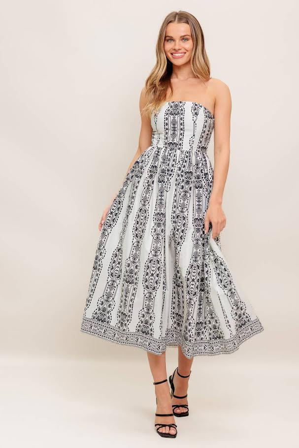 Flying Tomato Printed Midi Strapless Dress