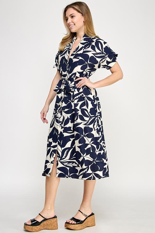 Rubienn Short Sleeve Button Up With Tie Waist Midi Dress