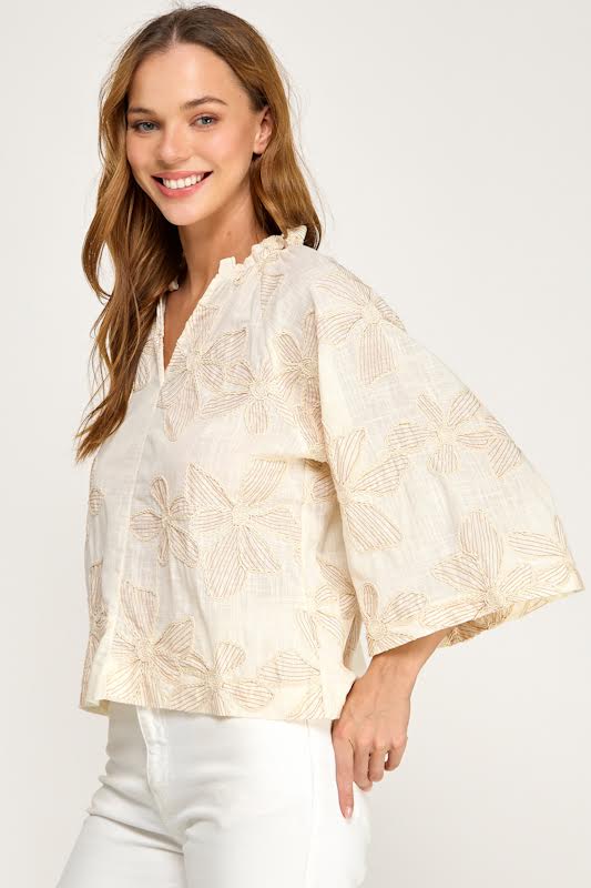 Millibon Floral Embroidered 3/4 Sleeve Top