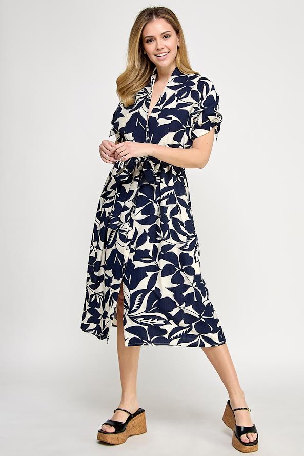 Rubienn Short Sleeve Button Up With Tie Waist Midi Dress