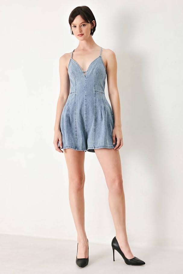 Flying Tomato Denim Wide Leg Open Back Romper