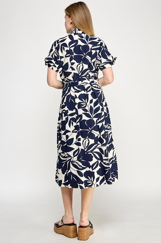 Rubienn Short Sleeve Button Up With Tie Waist Midi Dress