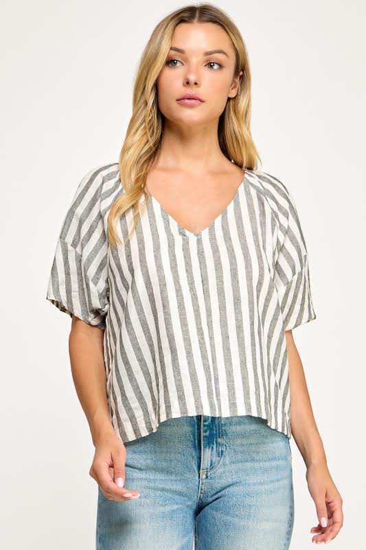 Millibon Stripe V Neck Half Sleeve Blouse