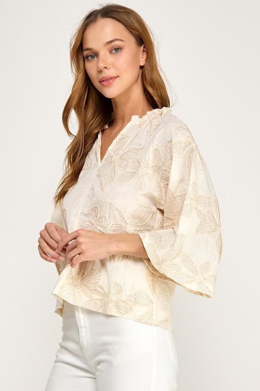 Millibon Floral Embroidered 3/4 Sleeve Top
