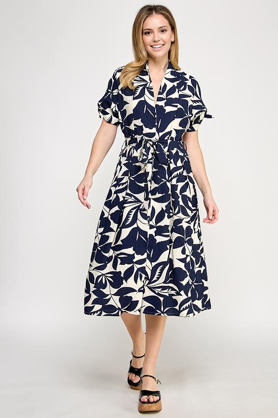 Rubienn Short Sleeve Button Up With Tie Waist Midi Dress