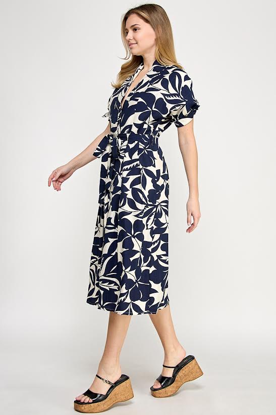 Rubienn Short Sleeve Button Up With Tie Waist Midi Dress