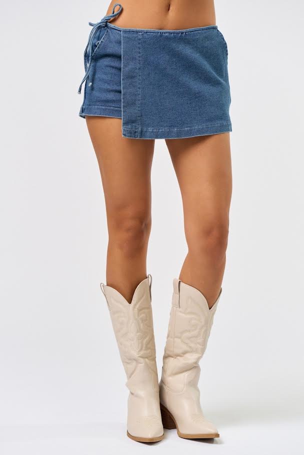 Blue Blush Denim Wrap Skirt With Shorts