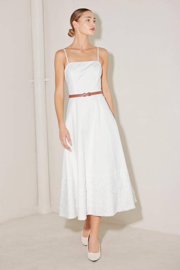 Flying Tomato Solid Midi Straight Neckline with Belt Dress