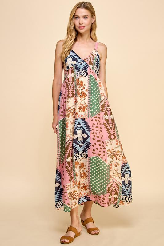 Millibon Mixed Boho Print Strappy Midi Dress