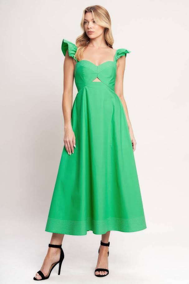 Flying Tomato Solid Sweetheart Neckline Flutter Sleeve Midi Dress