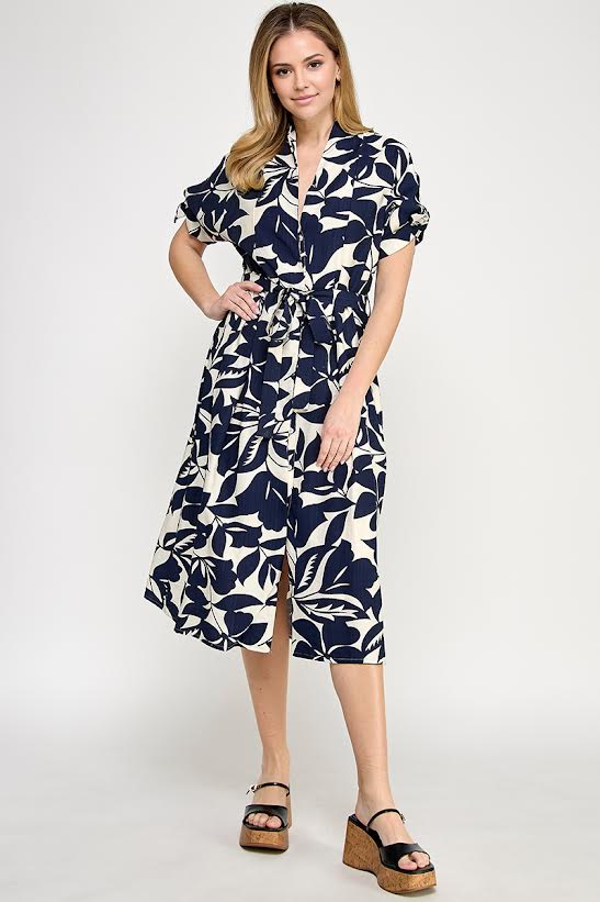 Rubienn Short Sleeve Button Up With Tie Waist Midi Dress