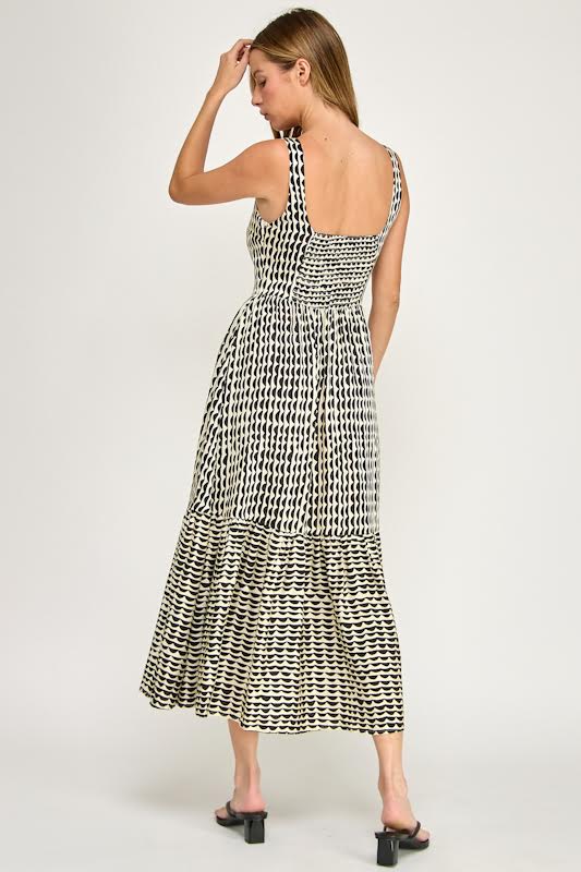 Millibon Scallop Printed Midi Tiered Dress