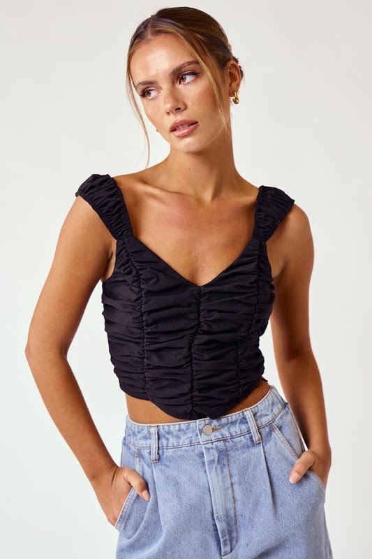 Blue Blush V-Neck Sleeveless Ruching Top