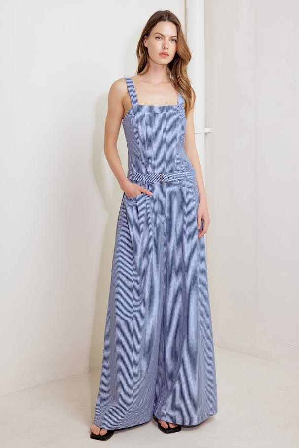 Flying Tomato Striped Straight Neckline With Belt Jumpsuit