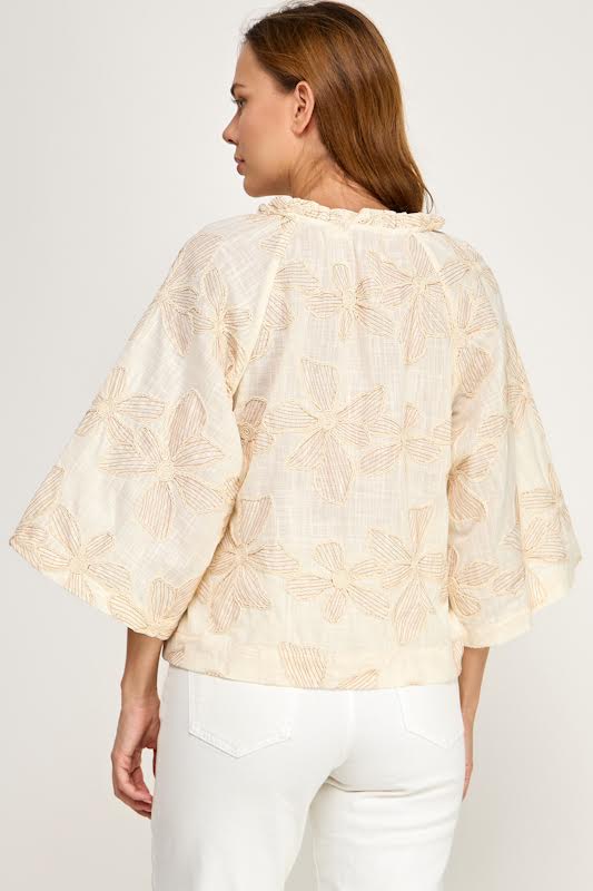 Millibon Floral Embroidered 3/4 Sleeve Top