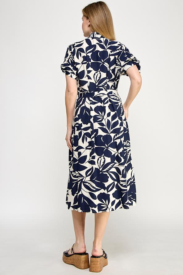 Rubienn Short Sleeve Button Up With Tie Waist Midi Dress
