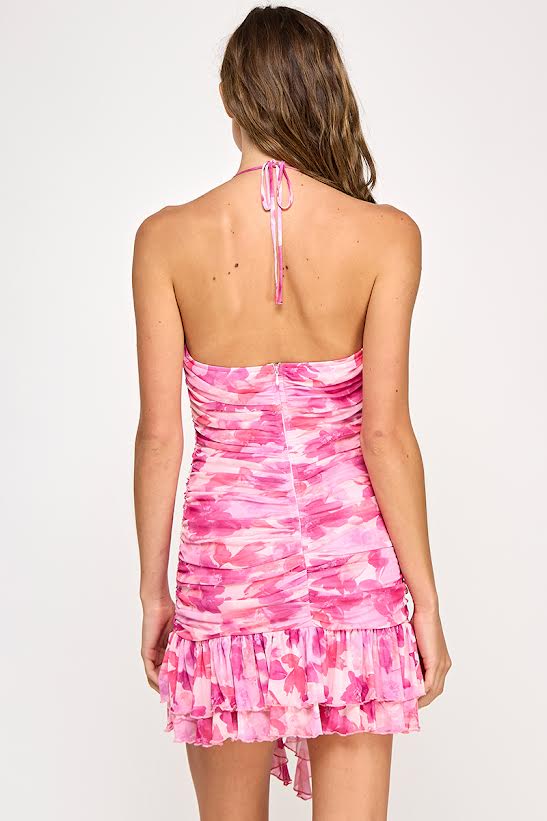 Spring Haze Flower Print Mesh Mini Dress